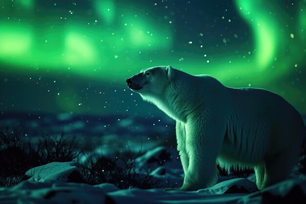 Een ijsbeer in de etherische gloed van het noorderlicht