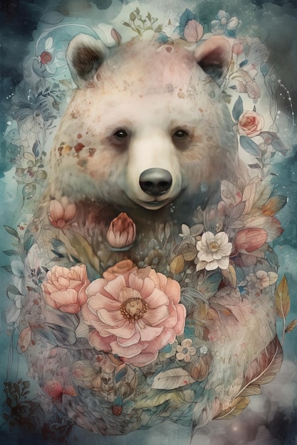 Een ijsbeer met bloemen en een foto van een beer.