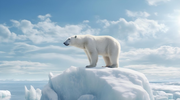 Een ijsbeer staat bovenop een ijsberg.
