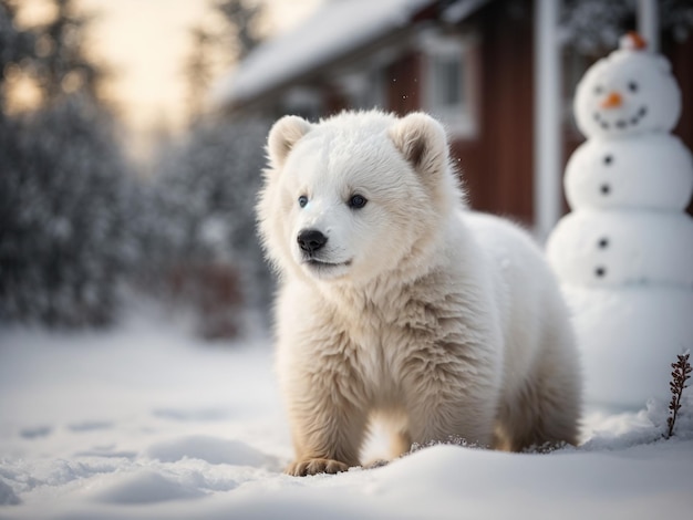 een ijsbeer staat in de sneeuw met een sneeuwman achter hem