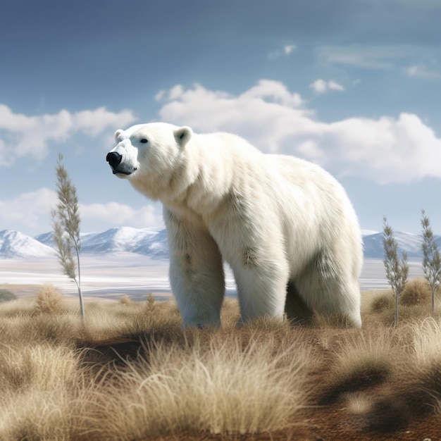 Een ijsbeer staat in een veld met een berg op de achtergrond.