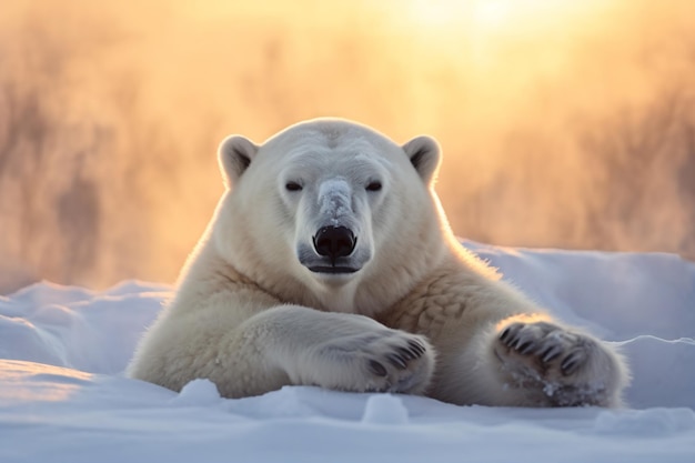 Een ijsbeer zit in de sneeuw met de ondergaande zon achter zich