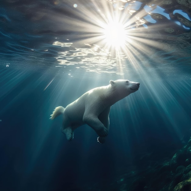 Een ijsbeer zwemt onder water waar de zon op schijnt.