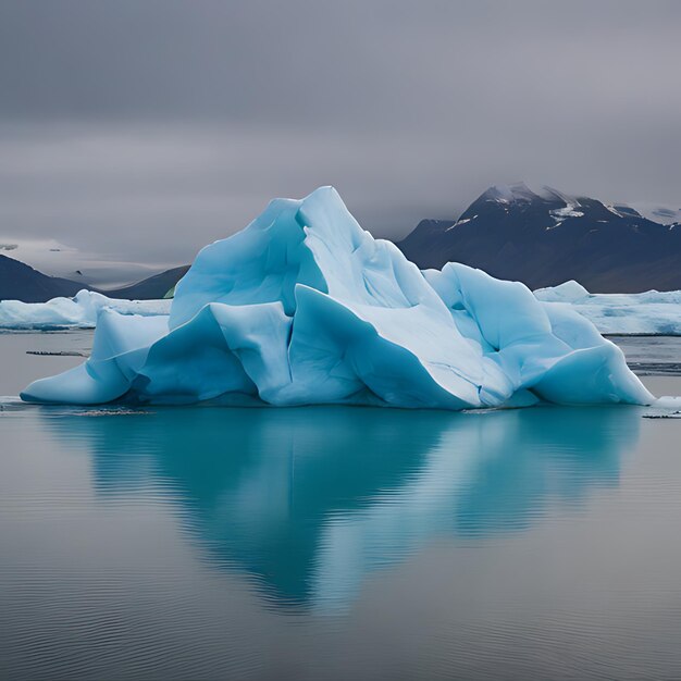 Een ijsberg die in het water is met bergen op de achtergrond