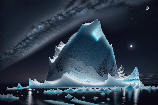 Een ijsberg in het water met daarboven de maan en sterren