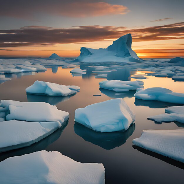 Een ijsberg met ijsbergen in het water met de zon achter hen ondergaan