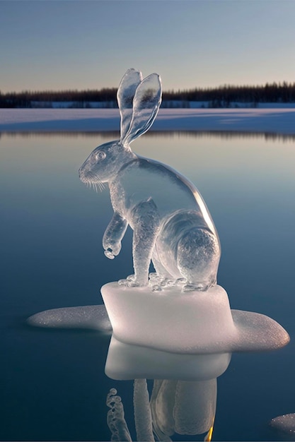 Een ijssculptuur van een konijn dat bovenop een stuk ijs zit generatieve ai