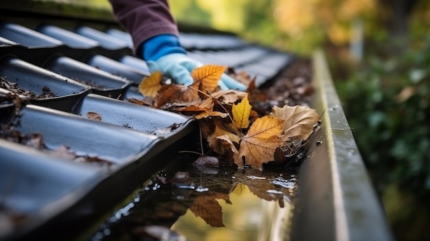 Een ijverige man reinigt en ruimt de regen afvoer