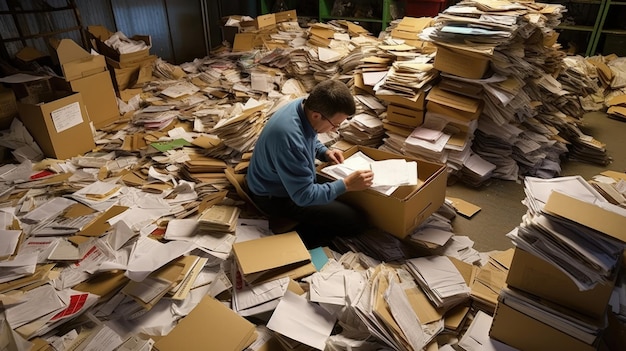 Foto een ijverige postbeambte doorzoekt zorgvuldig een grote stapel brieven en pakketten en organiseert ze snel in afzonderlijke stapels gegenereerd door ai