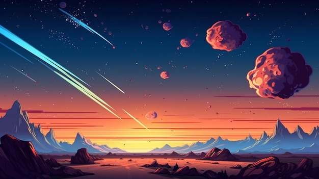 Een illustratie in cartoonstijl van een landschap met planeten en sterren generatieve ai