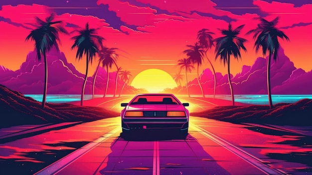 Foto een illustratie in de stijl van de zomer vibes van de jaren 80 met een retrostyle auto rijden in de zonsondergang generatieve ai