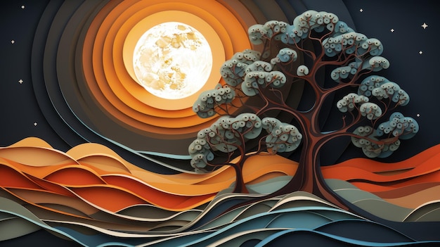 een illustratie in papierkunststijl van een boom en de maan aan de nachtelijke hemel