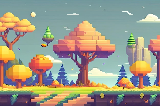 Een illustratie in pixelart-stijl van een boom met een gele driehoek bovenaan.