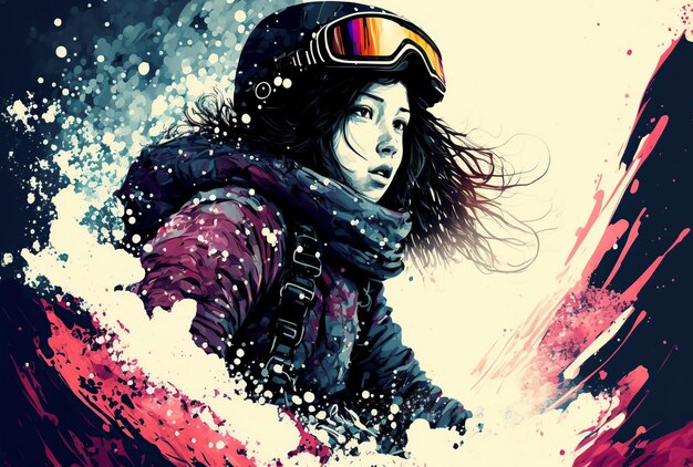 een illustratie meisje oefenen snowboard beeld gegenereerd door AI