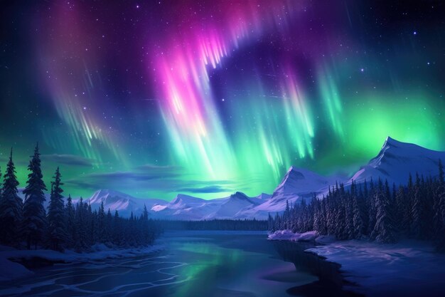 een illustratie van de aurora over een bergmeer