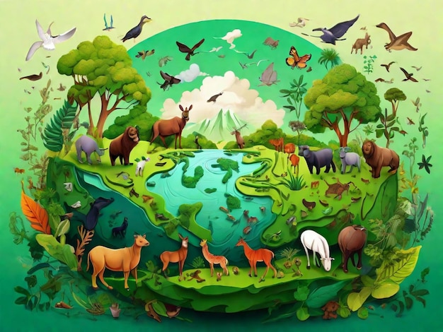 Een illustratie van de diverse flora en fauna die op aarde gedijen