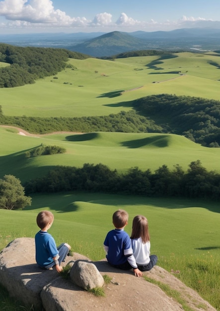 Foto een illustratie van drie kinderen die op de top van een heuvel zitten, gegenereerd door ai