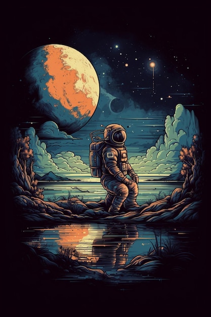 Een illustratie van een astronaut die naar de maan kijkt