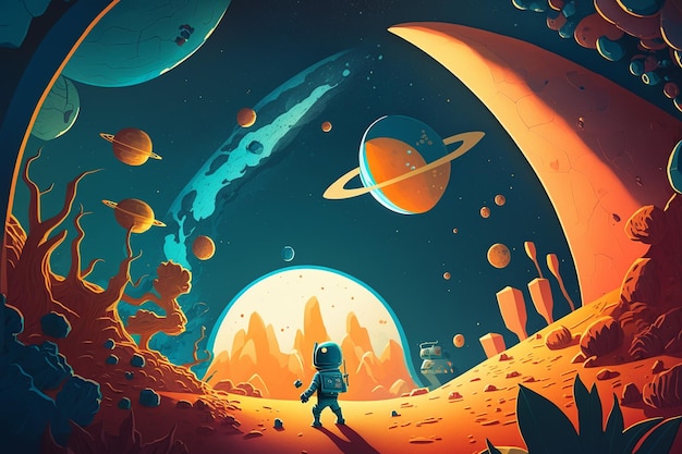 Foto een illustratie van een astronaut die naar planeten en planeten kijkt