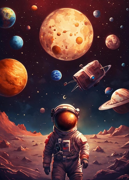 een illustratie van een astronaut in de ruimte met planeten en planeten