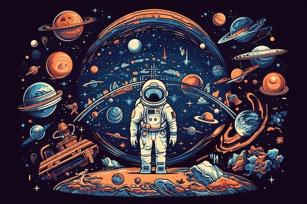 Een illustratie van een astronaut in de ruimte met planeten en sterren op de achtergrond.