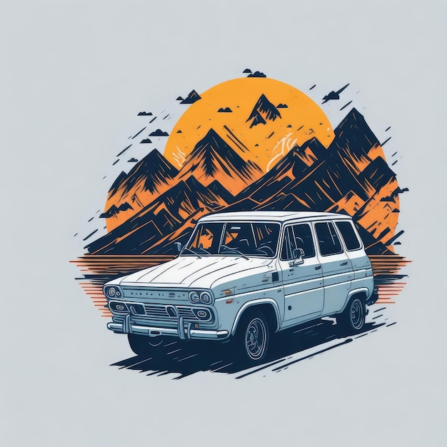 Een illustratie van een auto met bergen op de achtergrond.