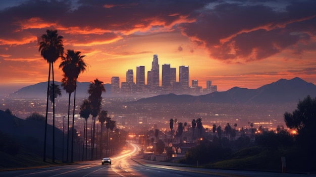 Een illustratie van een avondzonsondergang in Los Angeles