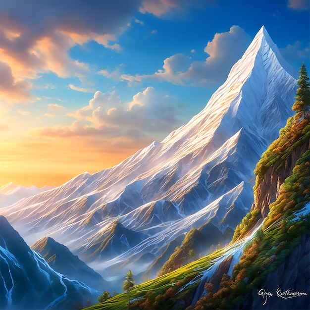 Een illustratie van een berg in de stijl van het impressionisme met een brede beeldverhouding Hd Uhd 4k