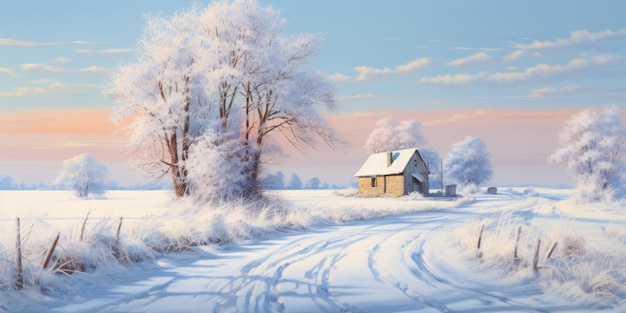 een illustratie van een besneeuwd landschap met een huis