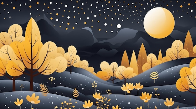 een illustratie van een bos 's nachts met bomen en de maan