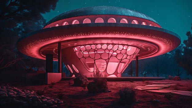 Een illustratie van een futuristisch huis met een rood licht op het dak.