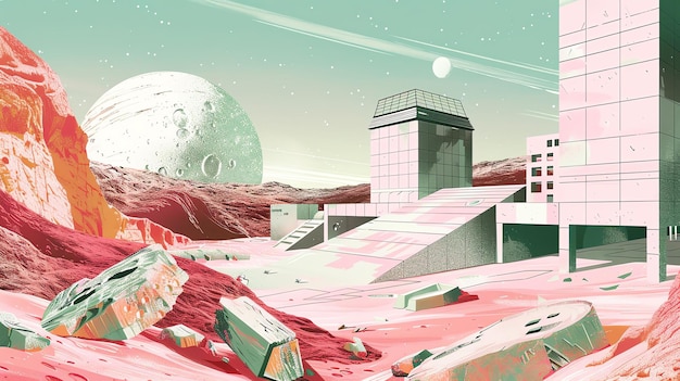 Een illustratie van een futuristische stad op een verre planeet