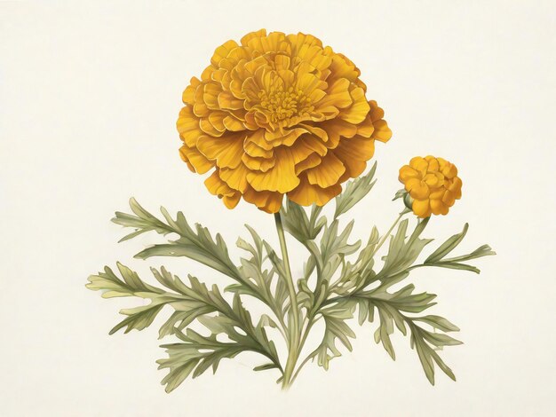 een illustratie van een gele Marigold bloem met groene bladeren