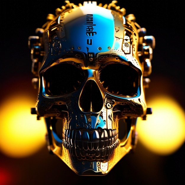 Foto een illustratie van een gouden metalen schedel gemaakt van tandwielen in een robot-stijl