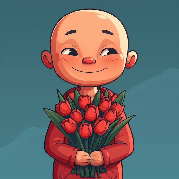 Een illustratie van een grappige kale cartoon personage man met een bundel bloemen
