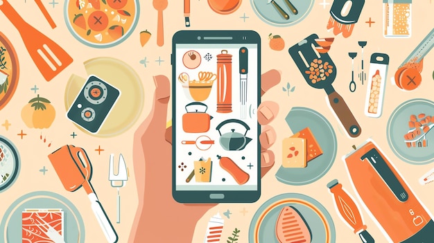 Foto een illustratie van een hand die een smartphone vasthoudt met verschillende keukentoestellen en ingrediënten op de achtergrond