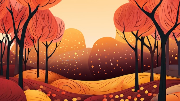 een illustratie van een herfstbos met bomen en bladeren