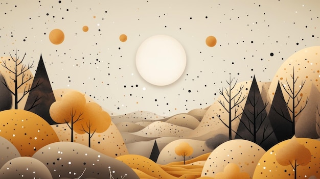 een illustratie van een herfstlandschap met bomen en heuvels
