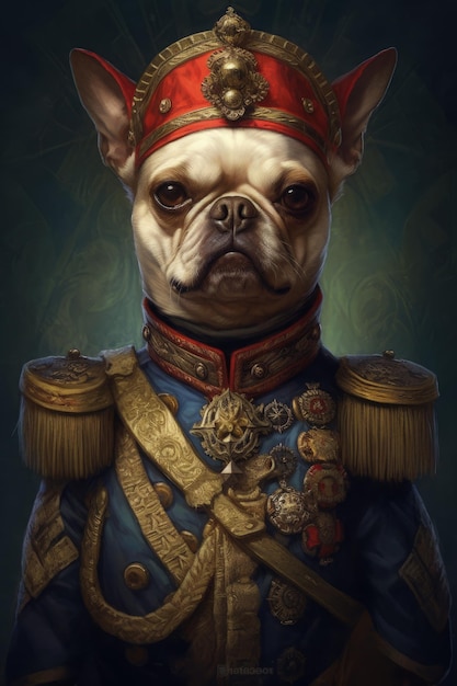 een illustratie van een hond gekleed in een uniform