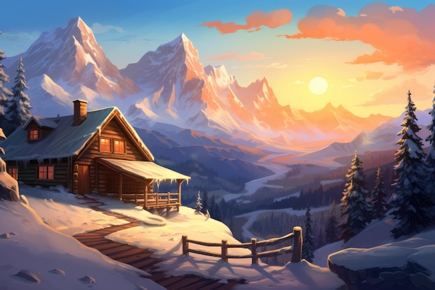 een illustratie van een hut in de bergen