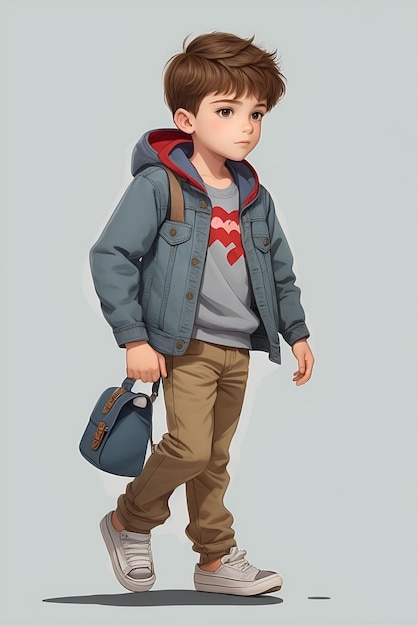 Een illustratie van een jongen in casual kleding die met één hand in zijn zak staat