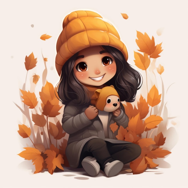 een illustratie van een klein meisje dat een teddybeer in herfstbladeren vasthoudt