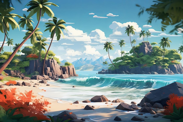 Een illustratie van een kleurrijk tropisch paradijs
