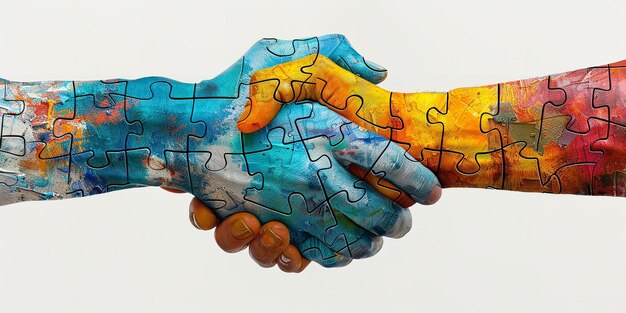 Een illustratie van een kleurrijke handdruk van twee handen gemaakt met puzzels met een grote ruimte voor tekst of productreclame Generatieve AI