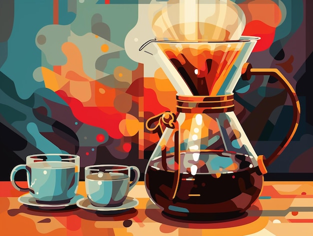 Een illustratie van een koffiemaker met koffie en twee kopjes koffie