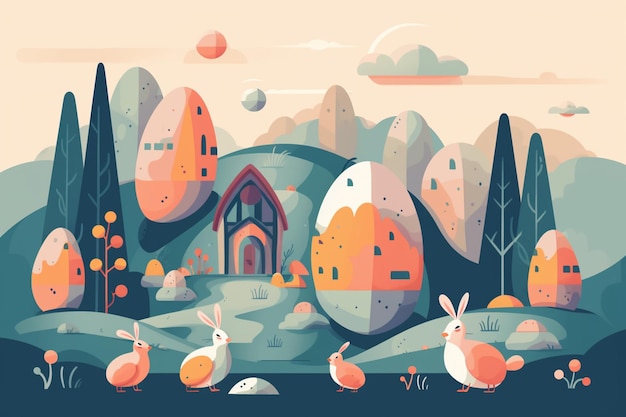 Een illustratie van een konijn en een huis met een huis op de achtergrond.