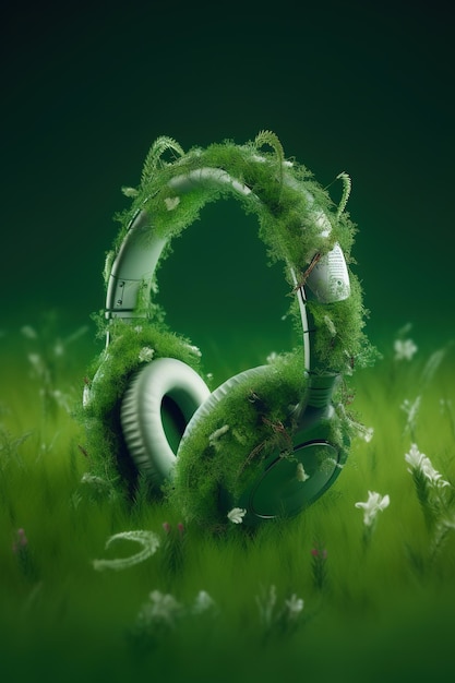 Een illustratie van een koptelefoon met gras eromheen.