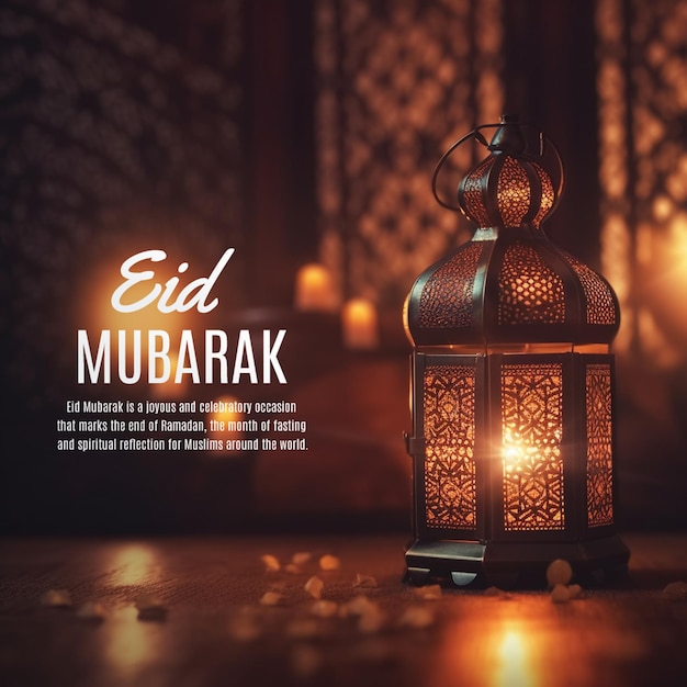 Een illustratie van een lantaarn met de woorden eid mubarak erop