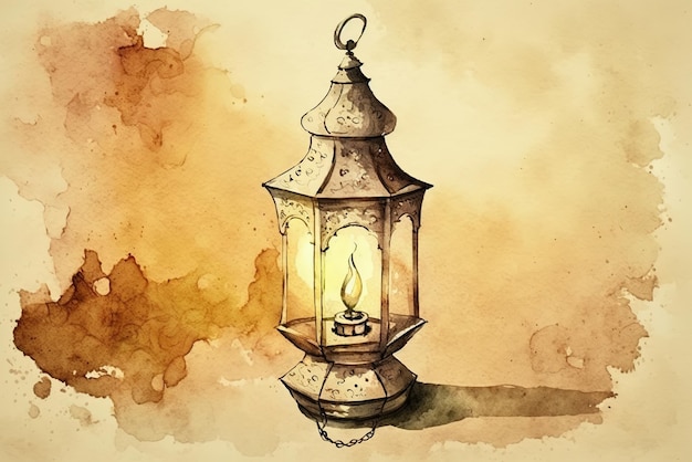 Foto een illustratie van een lantaarn met een waterverfachtergrond.