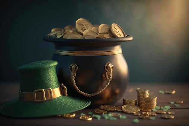 Een illustratie van een magische pot vol munten en een kabouterhoed St Patrick's day concept AI Generation